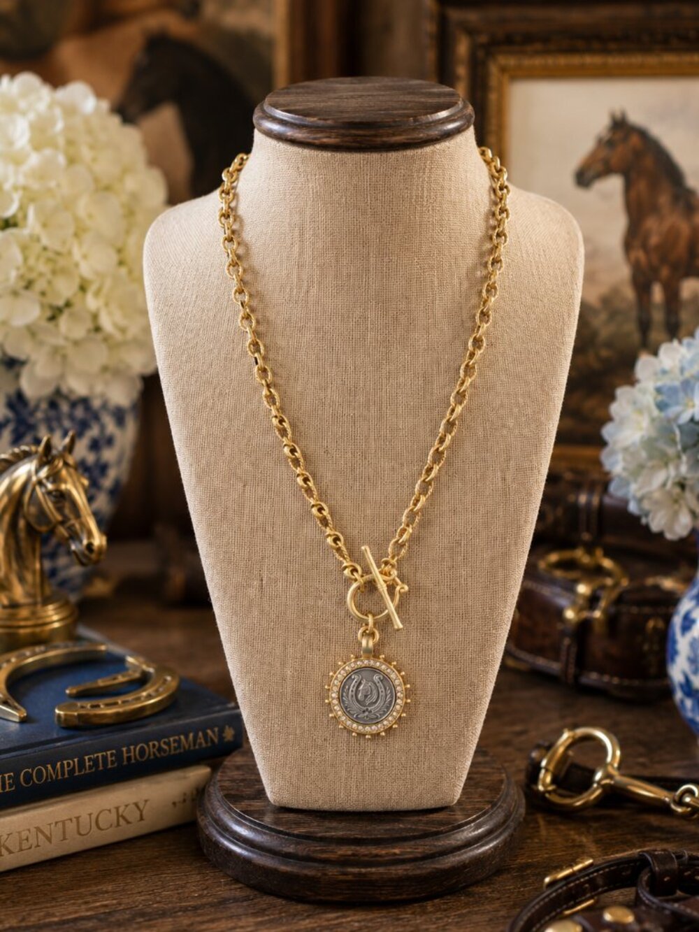 Two-Tone Horse Medallion Necklace, Gold Toggle Chain, Crystal Horseshoe Pendant,